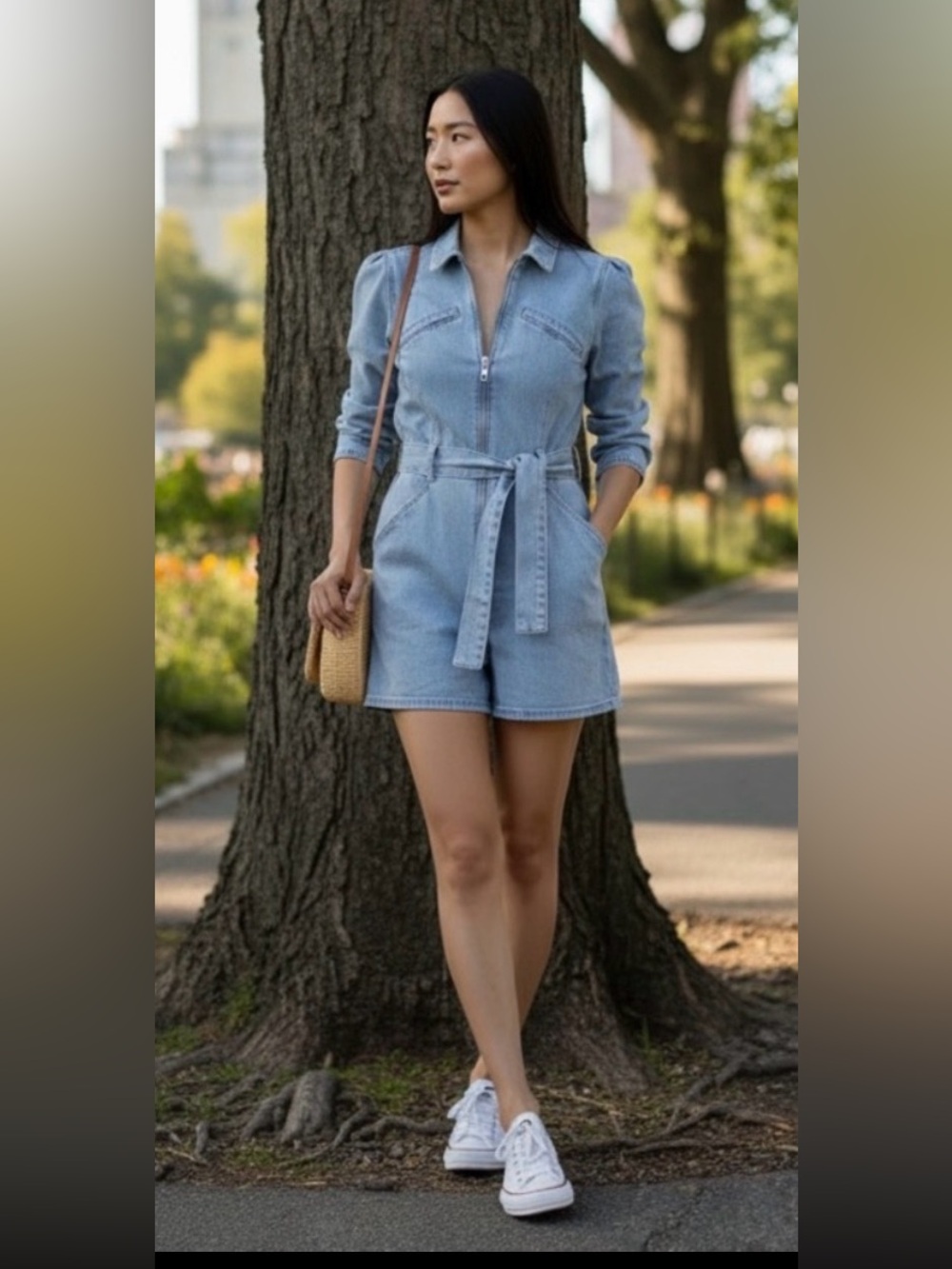 PAIGE Puff Sleeve Zip Romper One-Piece Feminine Light Wash - Songbird NWT